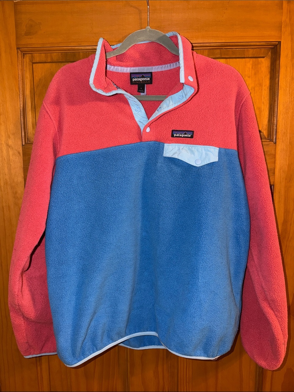 Patagonia Synchilla Kids Fleece Jacket - Coral with Light Blue Trim